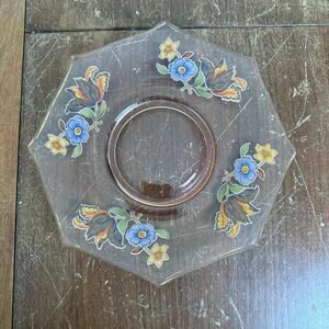 Vintage Pink Depression Glass Hexagon Plate Floral Decal Trinket Catch all Dish